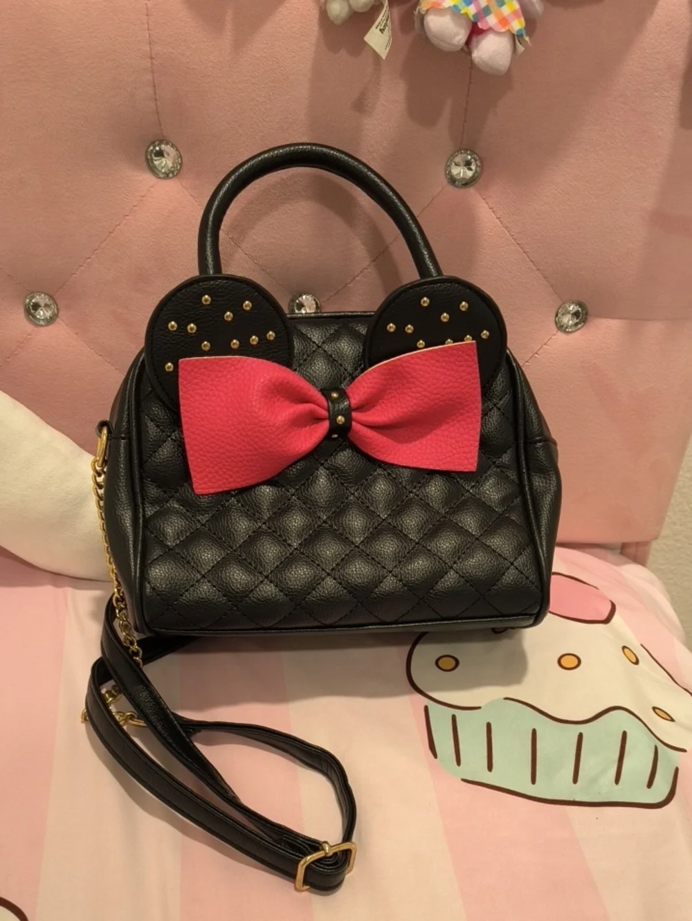 Black Quilted Crossbody Bag with Pink Bow
